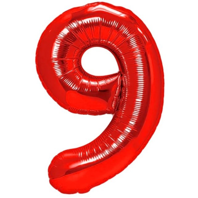 Balon din Folie Metalizata Flippy, Figurina Cifra, Tema Aniversare 100 cm, Ambalaj Individual, Pai inclus, Umflare cu Aer sau Heliu, Rosu, Cifra 9-0