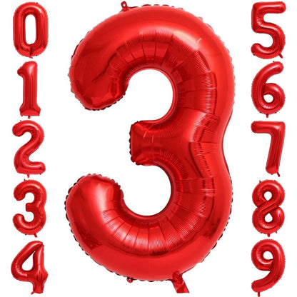 Balon din Folie Metalizata Flippy, Figurina Cifra, Tema Aniversare 80 cm, Ambalaj Individual, Pai inclus, Umflare cu Aer sau Heliu, Rosu, Cifra 3-2