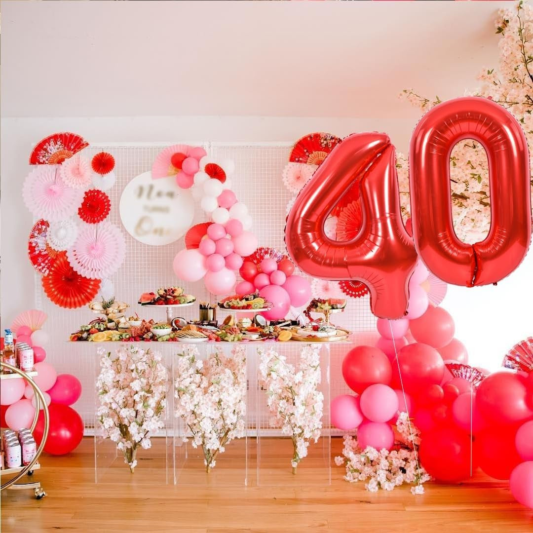 Balon din Folie Metalizata Flippy, Figurina Cifra, Tema Aniversare 80 cm, Ambalaj Individual, Pai inclus, Umflare cu Aer sau Heliu, Rosu, Cifra 4-6