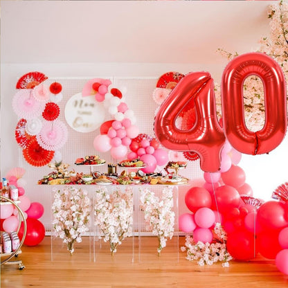 Balon din Folie Metalizata Flippy, Figurina Cifra, Tema Aniversare 80 cm, Ambalaj Individual, Pai inclus, Umflare cu Aer sau Heliu, Rosu, Cifra 4-6