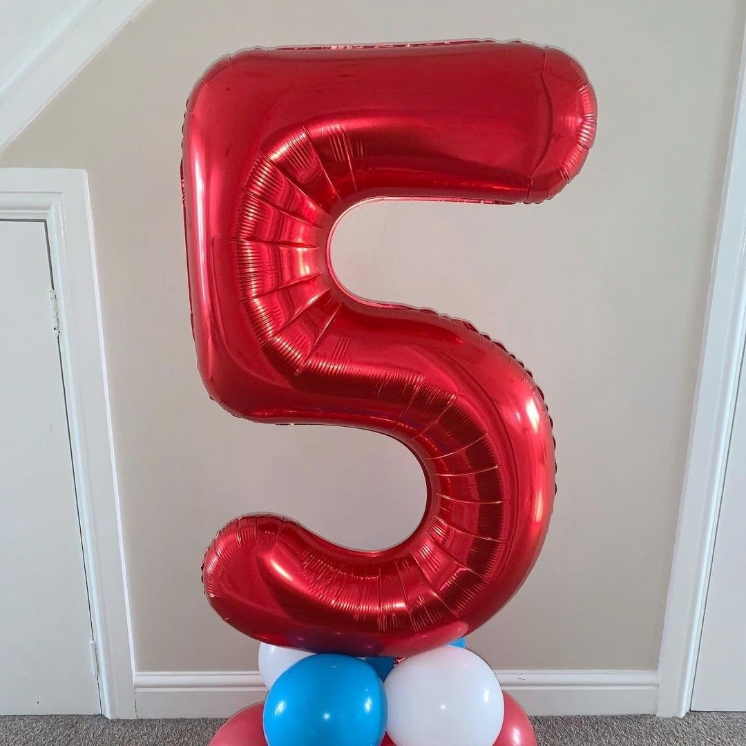 Balon din Folie Metalizata Flippy, Figurina Cifra, Tema Aniversare 80 cm, Ambalaj Individual, Pai inclus, Umflare cu Aer sau Heliu, Rosu, Cifra 5-3