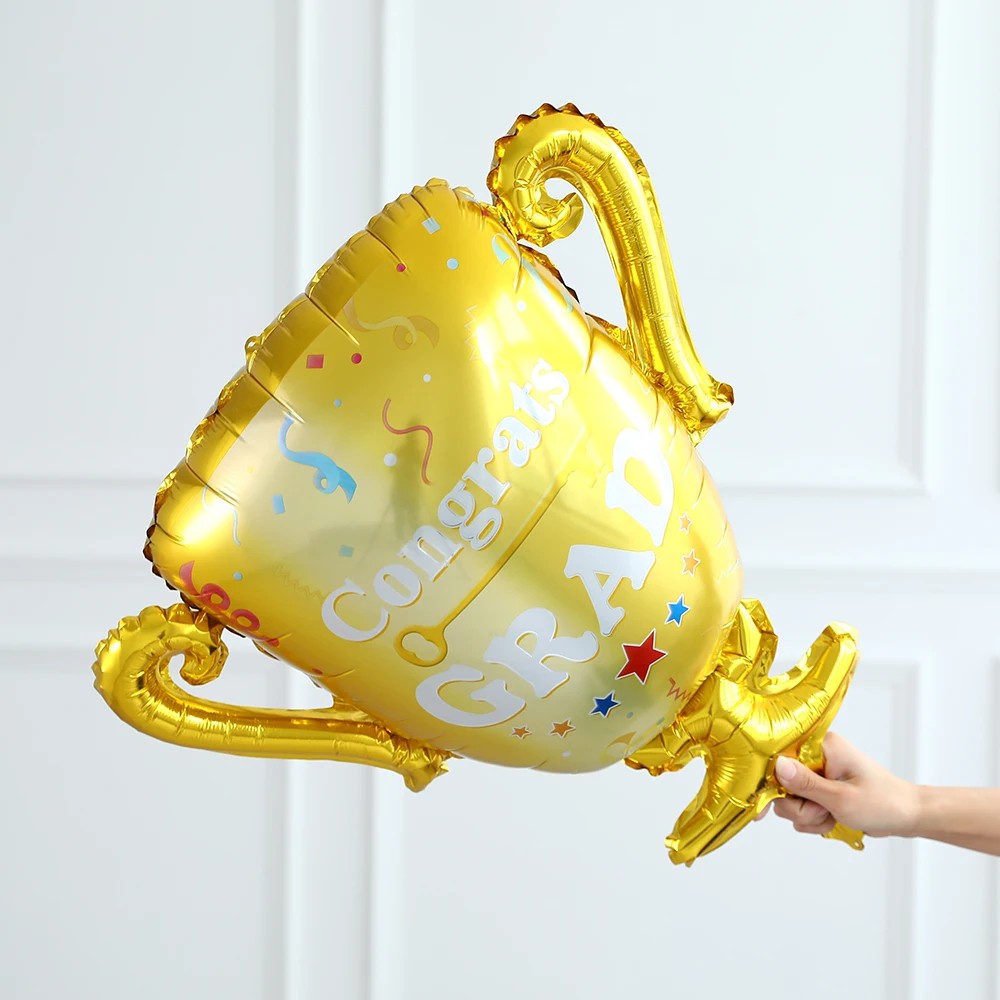 Balon din Folie Metalizata, Flippy, Figurina Cupa, Tema Absolvire, 65x72cm, Ambalaj Individual, Pai Inclus, Umflare cu Aer sau Heliu, Galben-5