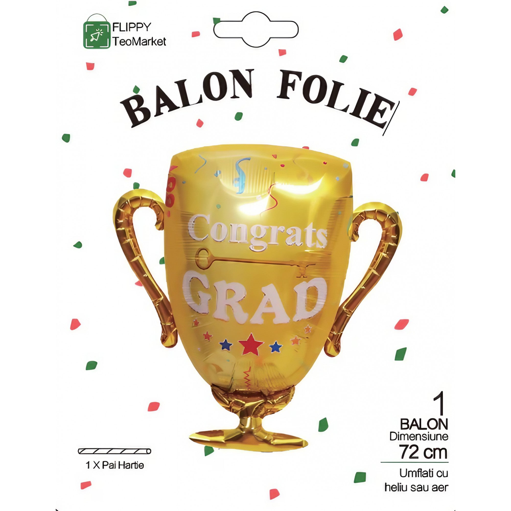 Balon din Folie Metalizata, Flippy, Figurina Cupa, Tema Absolvire, 65x72cm, Ambalaj Individual, Pai Inclus, Umflare cu Aer sau Heliu, Galben-7