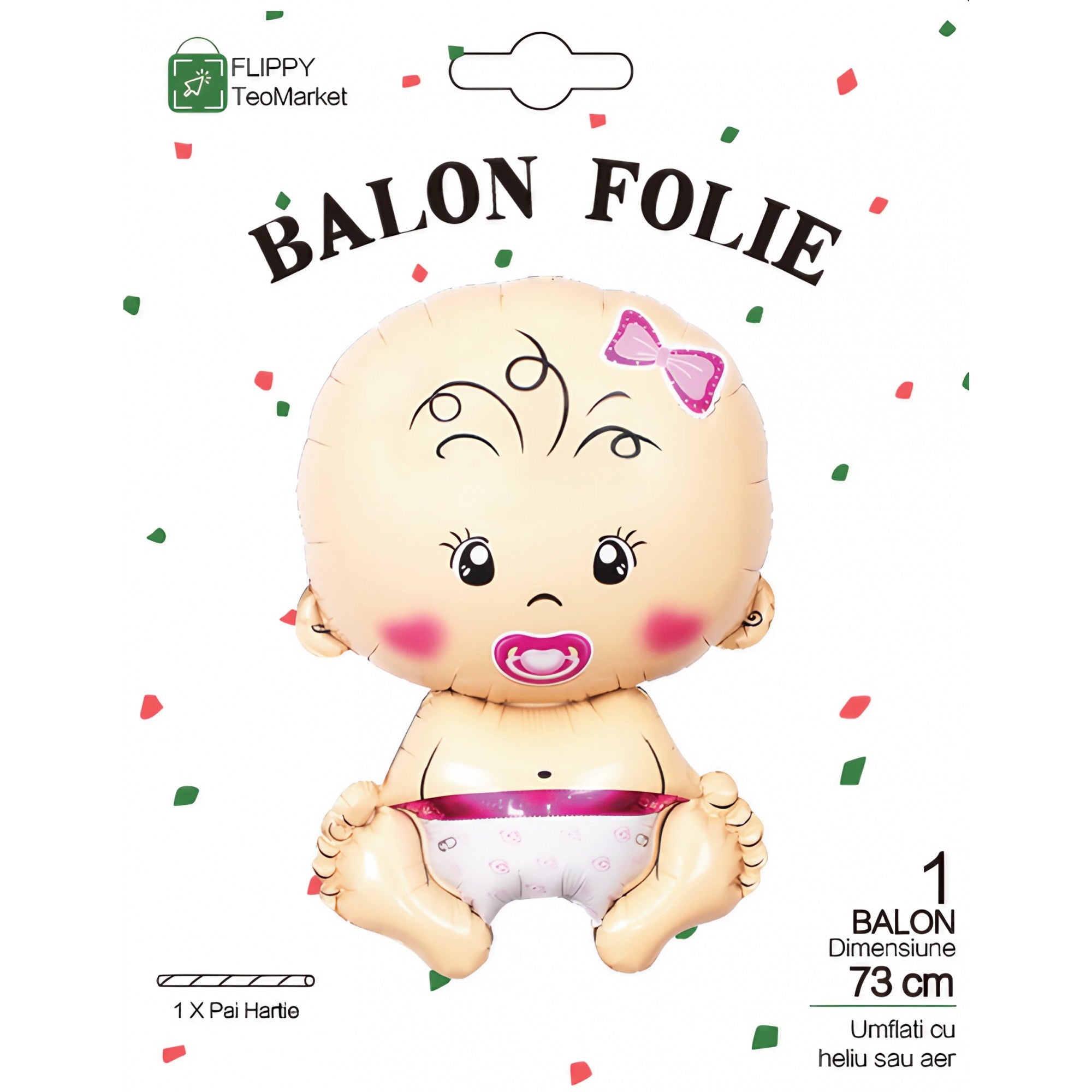 Balon din Folie Metalizata, Flippy, Figurina Fetita, Tema Botez, 73x48 cm,  Ambalaj Individual, Pai Inclus, Umflare cu Aer sau Heliu, Roz-9