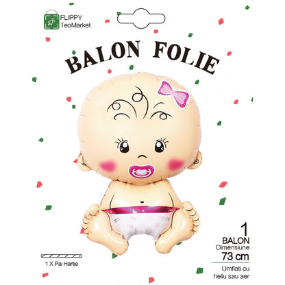 Balon din Folie Metalizata, Flippy, Figurina Fetita, Tema Botez, 73x48 cm,  Ambalaj Individual, Pai Inclus, Umflare cu Aer sau Heliu, Roz-9