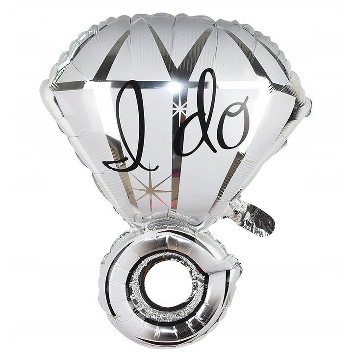 Balon din Folie Metalizata, Flippy, Figurina Inel de Logodna, Model Diamant, Tema Nunta, 60 cm, Ambalaj Individual, Pai Inclus, Umflare cu Aer sau Heliu, Alb-0