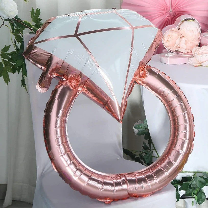 Balon din Folie Metalizata, Flippy, Figurina Inel de Logodna, Model Diamant, Tema Nunta, 60 cm, Ambalaj Individual, Pai Inclus, Umflare cu Aer sau Heliu, Roz-1