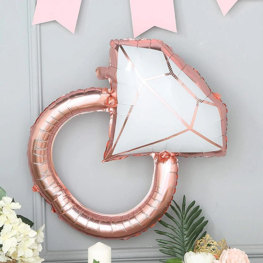 Balon din Folie Metalizata, Flippy, Figurina Inel de Logodna, Model Diamant, Tema Nunta, 60 cm, Ambalaj Individual, Pai Inclus, Umflare cu Aer sau Heliu, Roz-2