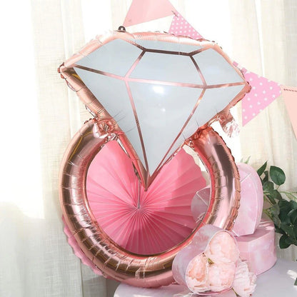 Balon din Folie Metalizata, Flippy, Figurina Inel de Logodna, Model Diamant, Tema Nunta, 60 cm, Ambalaj Individual, Pai Inclus, Umflare cu Aer sau Heliu, Roz-3
