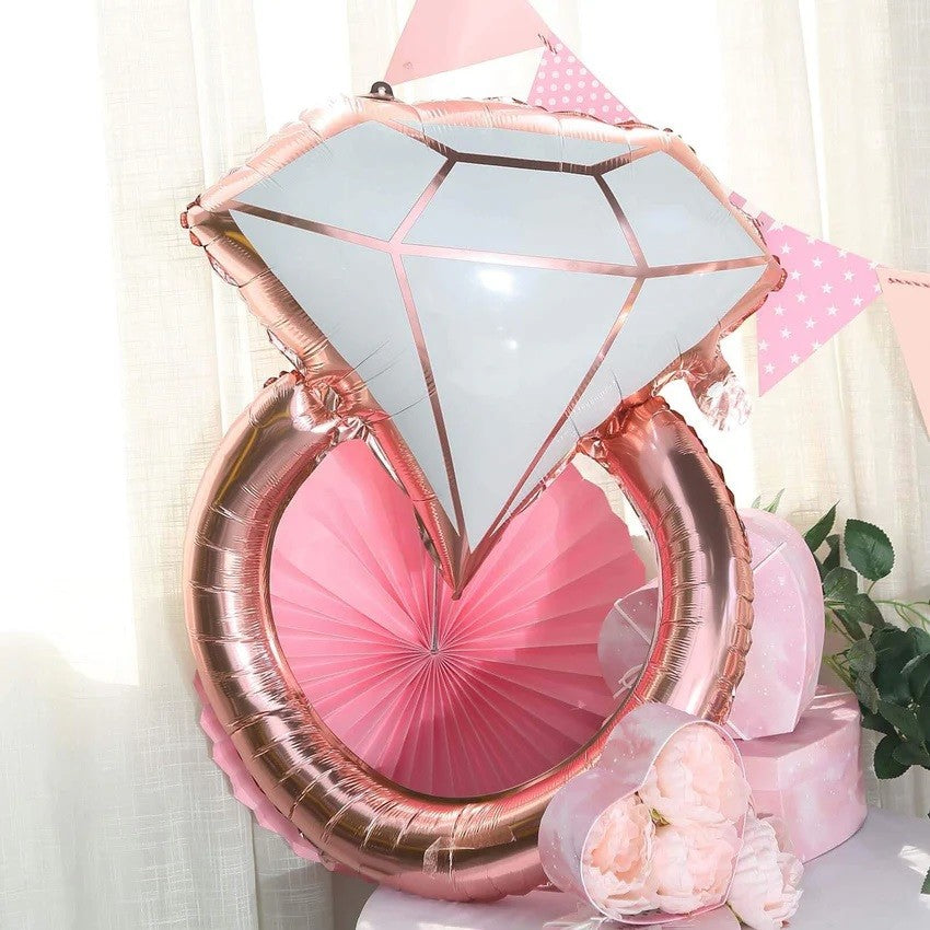 Balon din Folie Metalizata, Flippy, Figurina Inel de Logodna, Model Diamant, Tema Nunta, 60 cm, Ambalaj Individual, Pai Inclus, Umflare cu Aer sau Heliu, Roz-3