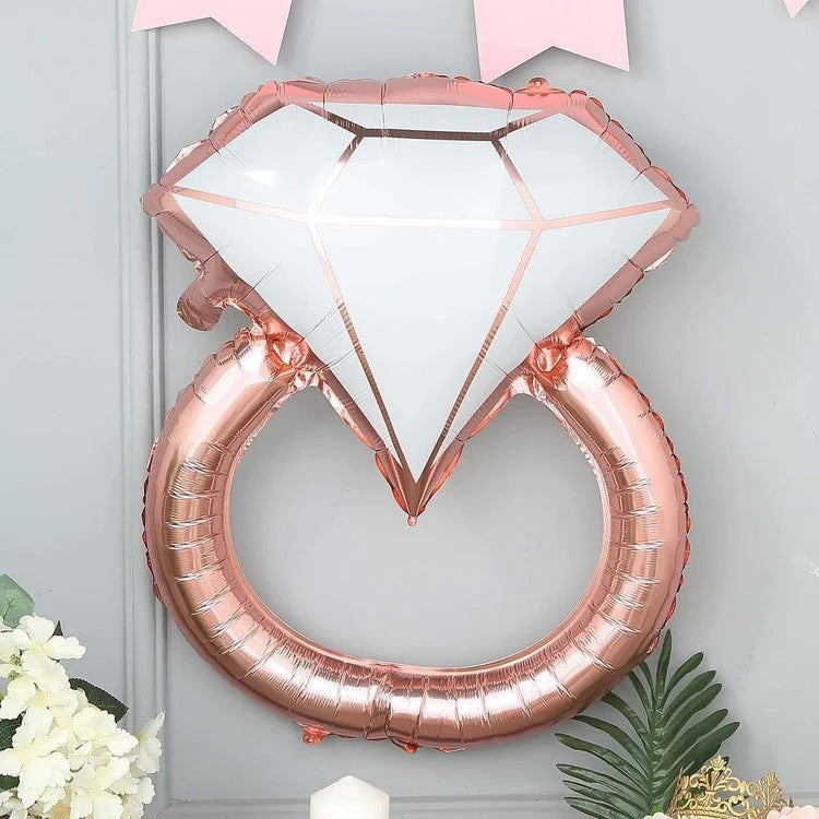 Balon din Folie Metalizata, Flippy, Figurina Inel de Logodna, Model Diamant, Tema Nunta, 60 cm, Ambalaj Individual, Pai Inclus, Umflare cu Aer sau Heliu, Roz-4