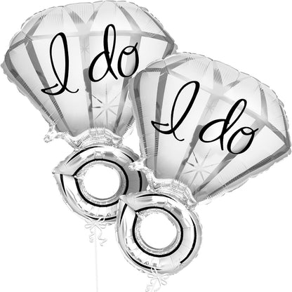 Balon din Folie Metalizata, Flippy, Figurina Inel de Logodna, Model Diamant, Tema Nunta, 60 cm, Ambalaj Individual, Pai Inclus, Umflare cu Aer sau Heliu, Alb-1