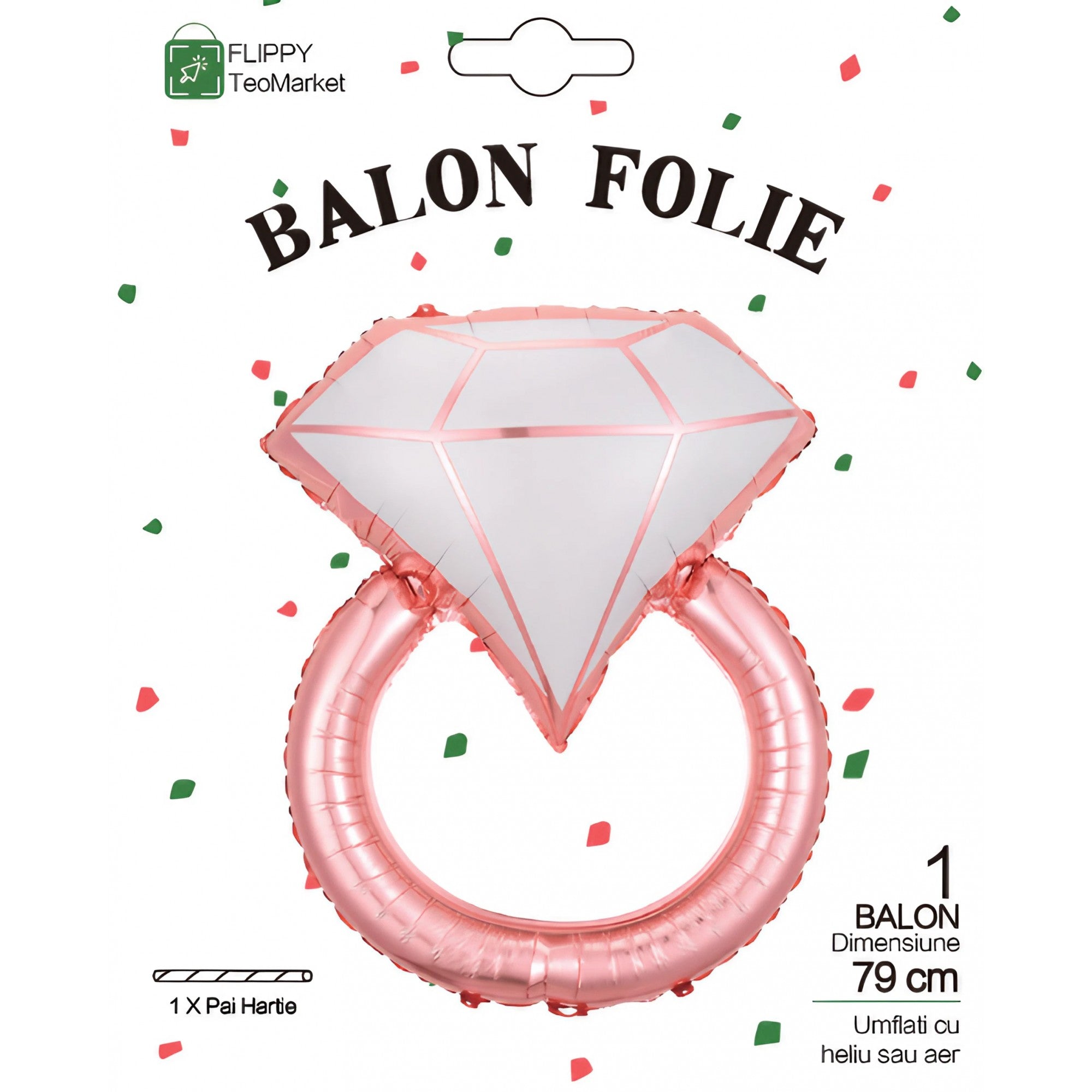 Balon din Folie Metalizata, Flippy, Figurina Inel de Logodna, Model Diamant, Tema Nunta, 60 cm, Ambalaj Individual, Pai Inclus, Umflare cu Aer sau Heliu, Roz-5