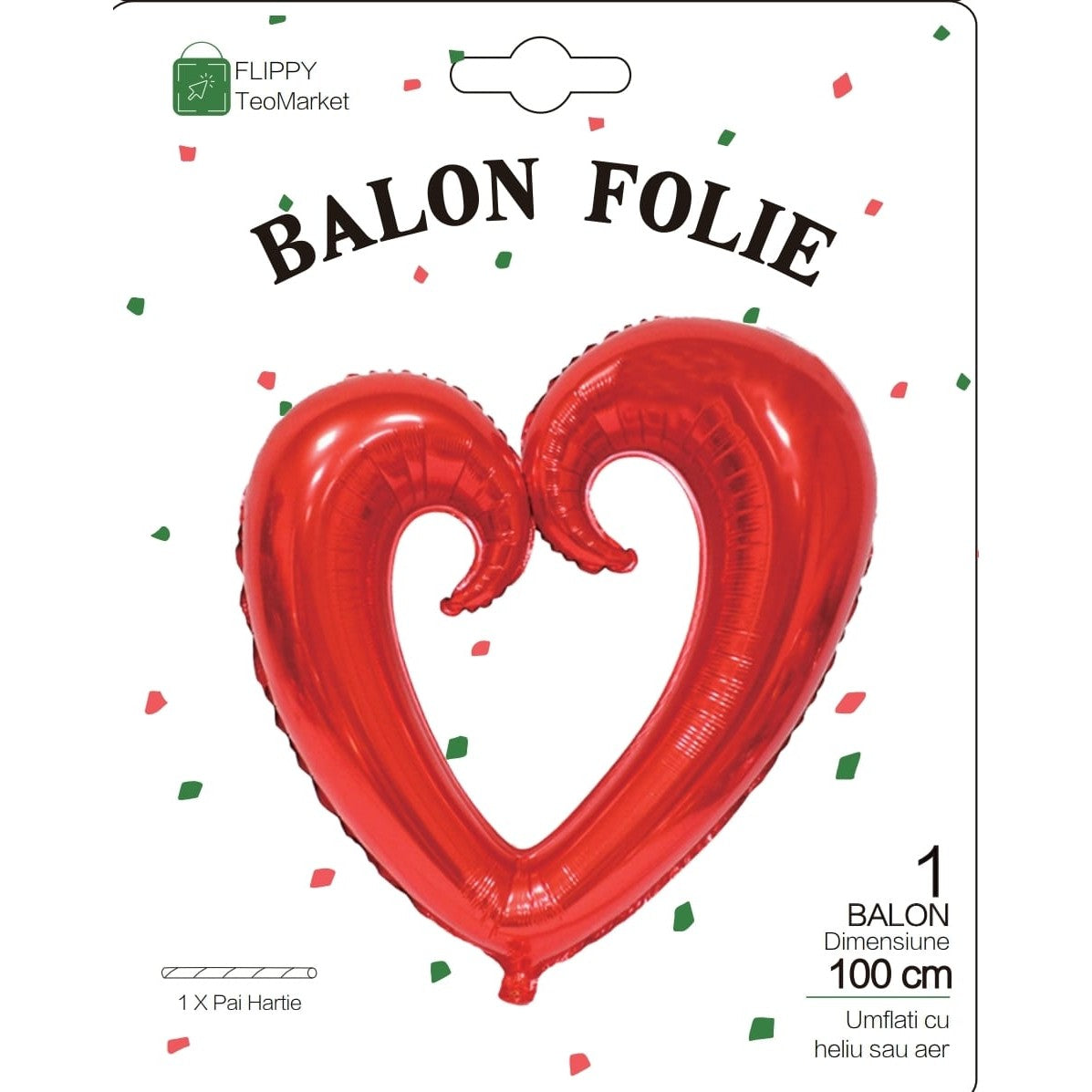 Balon din Folie Metalizata, Flippy, Figurina Inima Gigantica, Tema Ziua Indragostitilor, 100 cm, Ambalaj Individual, Pai Inclus, Umflare cu Aer sau Heliu, Rosu-3