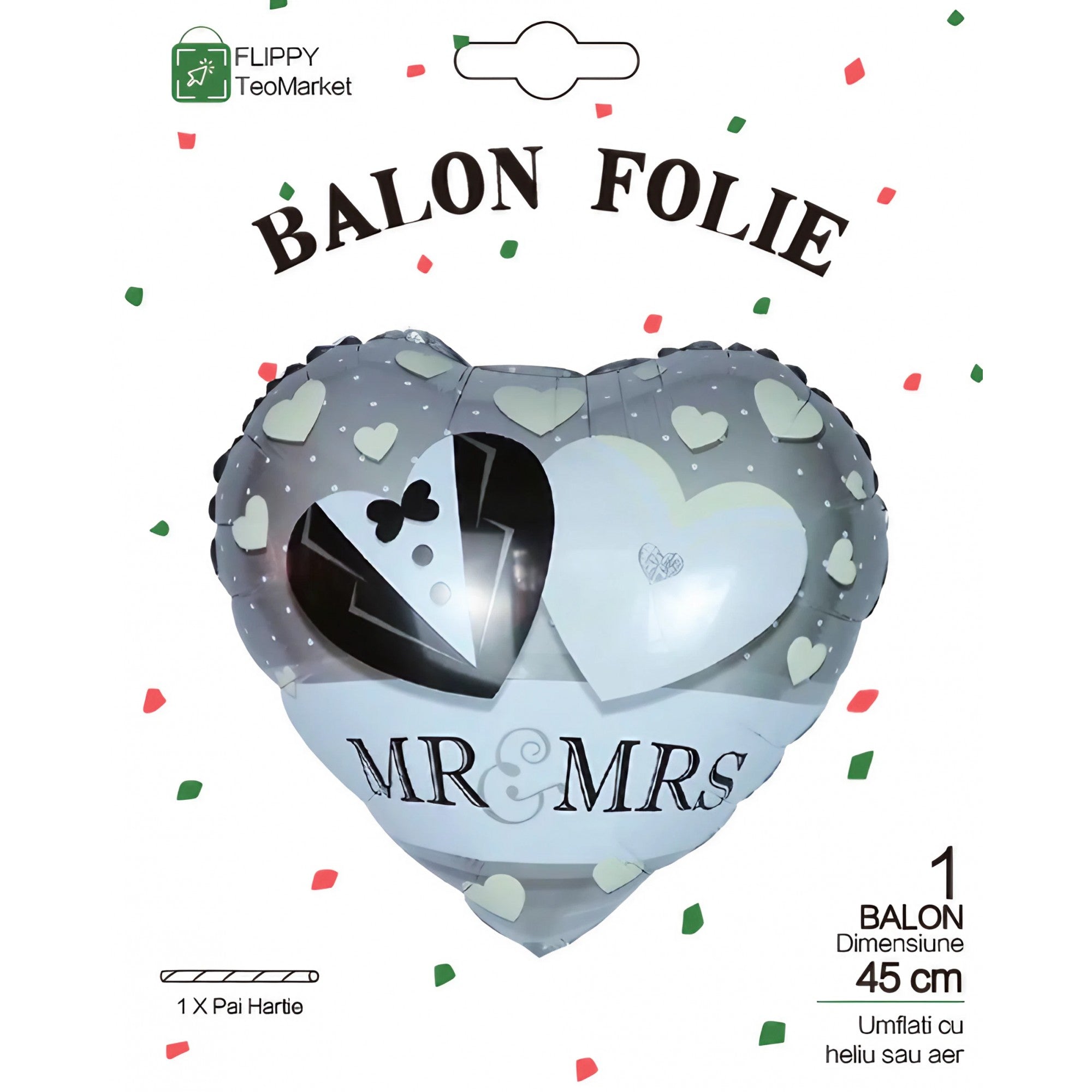 Balon din Folie Metalizata, Flippy, Figurina Inima, Model Mr&Mrs, Tema Nunta, 45 cm, Ambalaj Individual, Pai Inclus, Umflare cu Aer sau Heliu, Gri-2