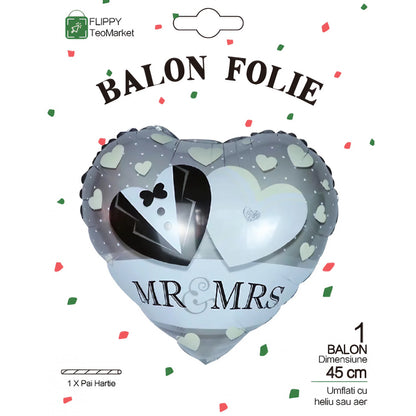 Balon din Folie Metalizata, Flippy, Figurina Inima, Model Mr&Mrs, Tema Nunta, 45 cm, Ambalaj Individual, Pai Inclus, Umflare cu Aer sau Heliu, Gri-2