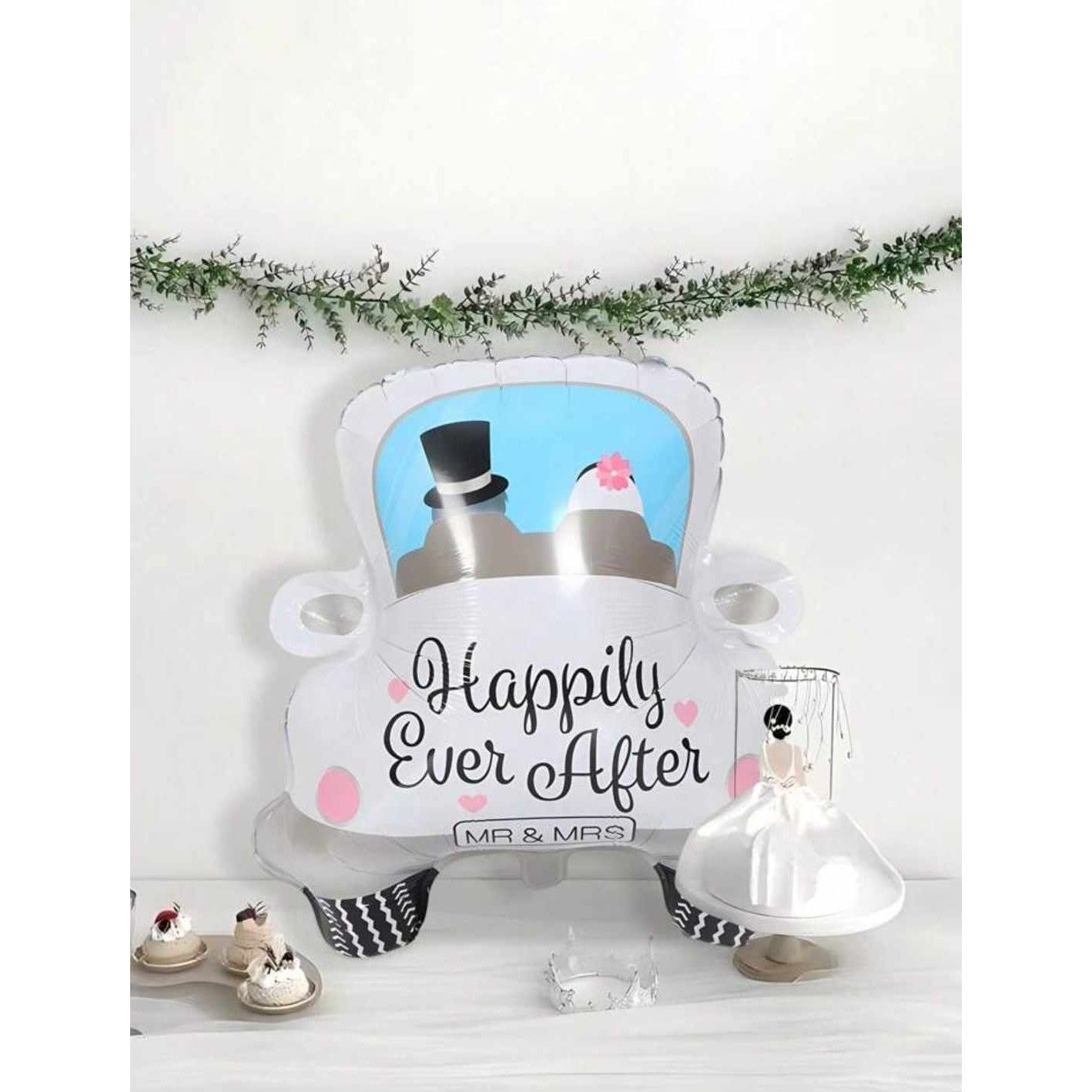 Balon din Folie Metalizata, Flippy, Figurina Masina, Model Nunta Happily Ever After, Tema Nunta, 60 x 63 cm, Ambalaj Individual, Pai Inclus, Umflare cu Aer sau Heliu, Alb-6