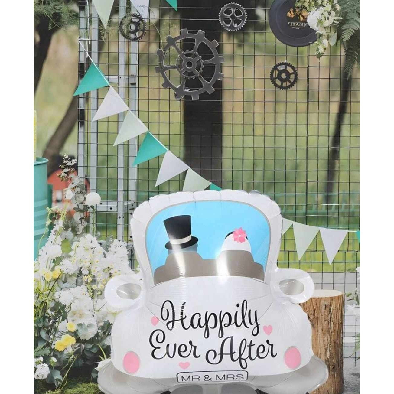 Balon din Folie Metalizata, Flippy, Figurina Masina, Model Nunta Happily Ever After, Tema Nunta, 60 x 63 cm, Ambalaj Individual, Pai Inclus, Umflare cu Aer sau Heliu, Alb-7