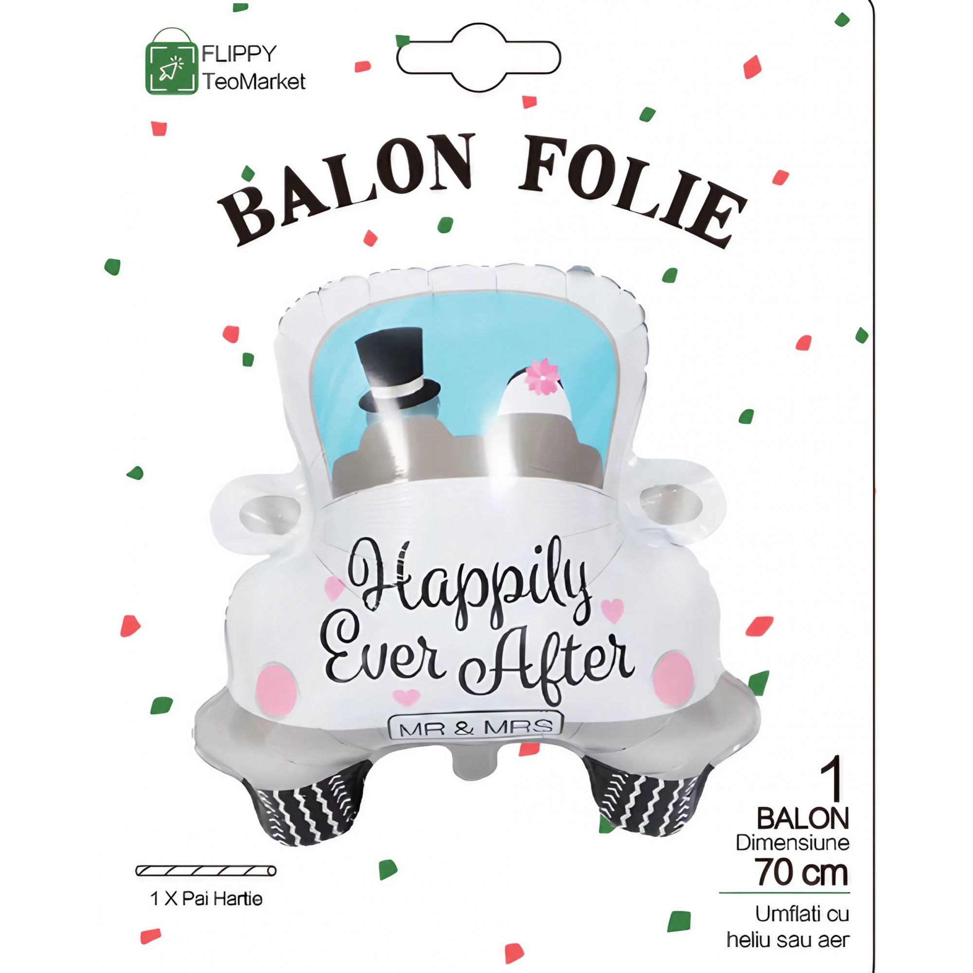 Balon din Folie Metalizata, Flippy, Figurina Masina, Model Nunta Happily Ever After, Tema Nunta, 60 x 63 cm, Ambalaj Individual, Pai Inclus, Umflare cu Aer sau Heliu, Alb-8