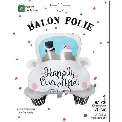 Balon din Folie Metalizata, Flippy, Figurina Masina, Model Nunta Happily Ever After, Tema Nunta, 60 x 63 cm, Ambalaj Individual, Pai Inclus, Umflare cu Aer sau Heliu, Alb-8