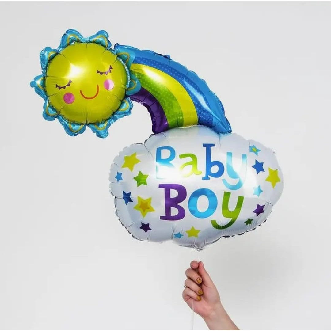 Balon din Folie Metalizata, Flippy, Figurina Soare si Nor, Tema Botez, 60x53 cm, Ambalaj Individual, Pai Inclus, Umflare cu Aer sau Heliu, Albastru-2