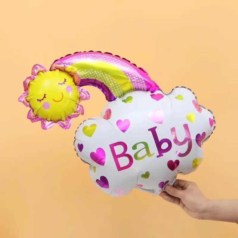 Balon din Folie Metalizata, Flippy, Figurina Soare si Nor, Tema Botez, 60x53 cm, Ambalaj Individual, Pai Inclus, Umflare cu Aer sau Heliu, Roz-5