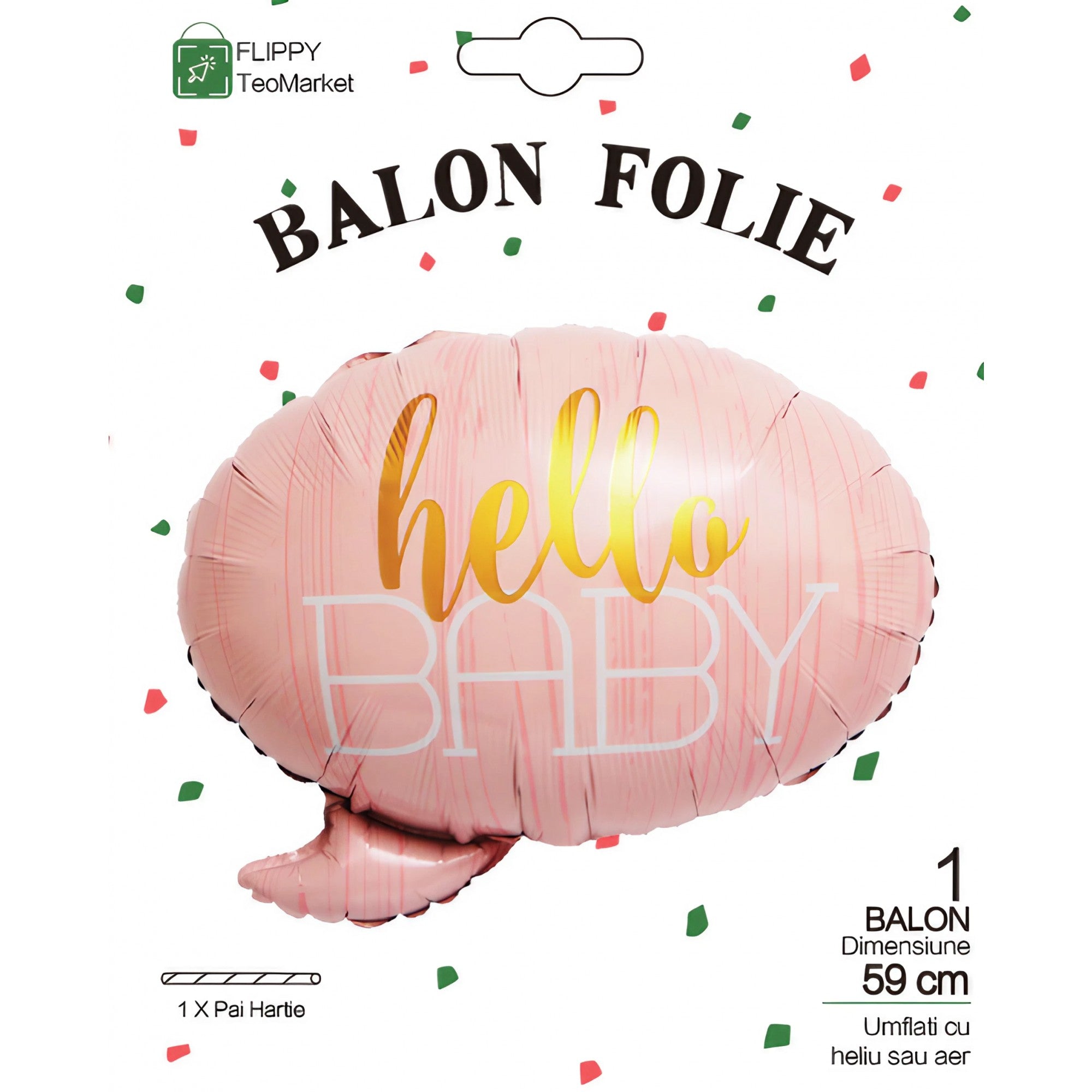 Balon din Folie Metalizata, Flippy, Figurina Norisor, Tema Hello Baby , 59x50 cm, Ambalaj Individual, Pai Inclus, Umflare cu Aer sau Heliu, Roz-5