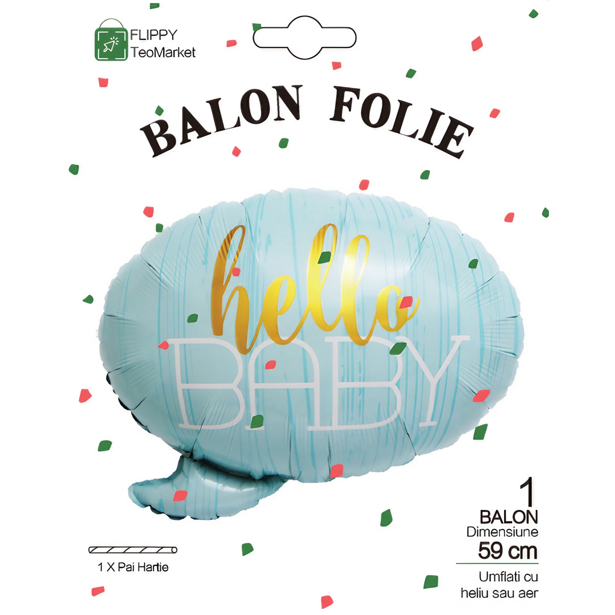 Balon din Folie Metalizata, Flippy, Figurina Norisor, Tema Hello Baby , 59x50 cm, Ambalaj Individual, Pai Inclus, Umflare cu Aer sau Heliu, Albastru-4