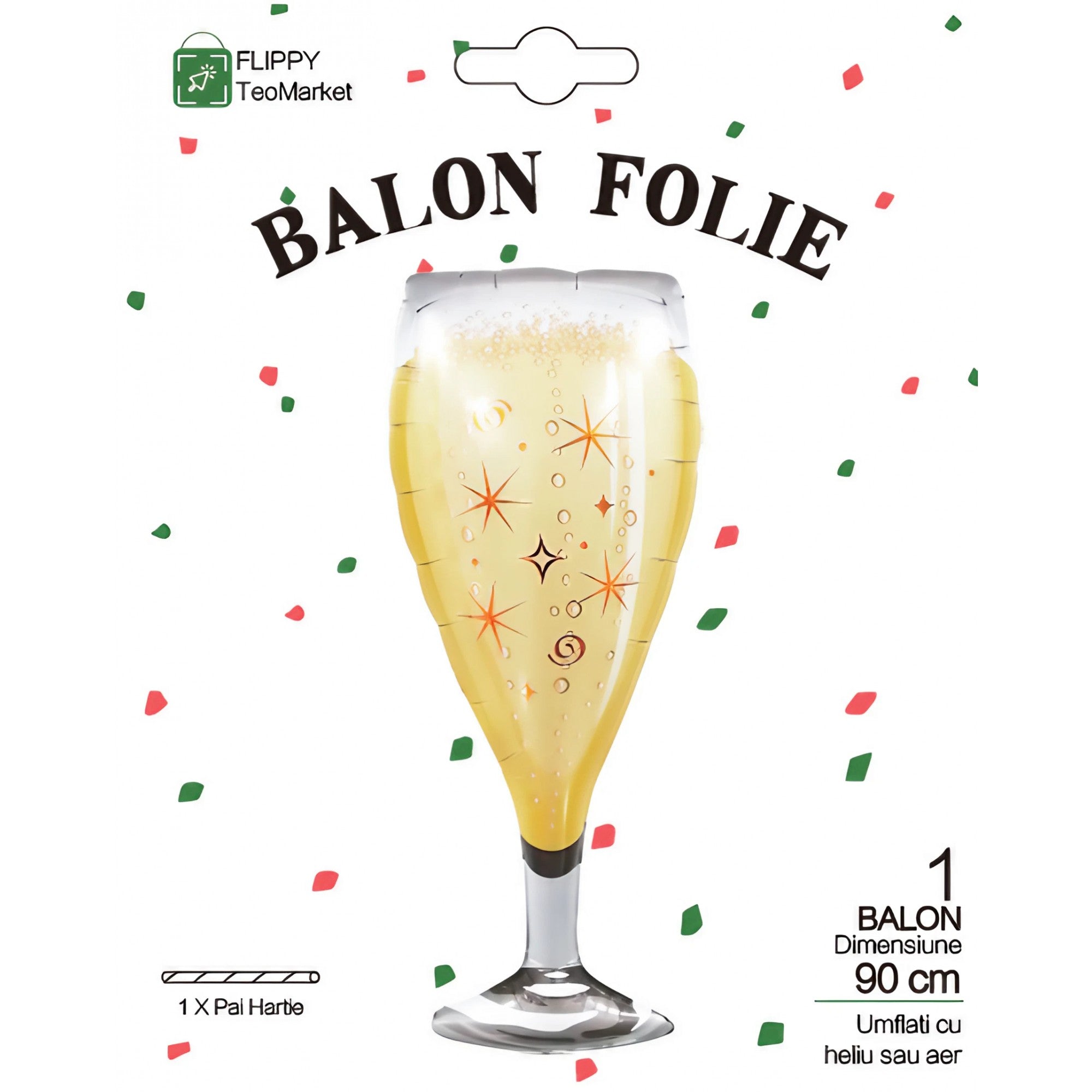 Balon din Folie Metalizata, Flippy, Figurina Pahar de Sampanie, Tema Aniversare, 100x40 cm, Ambalaj Individual, Pai Inclus, Umflare cu Aer sau Heliu, Auriu-5