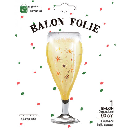 Balon din Folie Metalizata, Flippy, Figurina Pahar de Sampanie, Tema Aniversare, 100x40 cm, Ambalaj Individual, Pai Inclus, Umflare cu Aer sau Heliu, Auriu-5