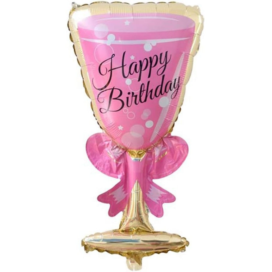 Balon din Folie Metalizata, Flippy, Figurina Pahar de Vin, Tema Aniversare, 93x48 cm, Ambalaj Individual, Pai Inclus, Umflare cu Aer sau Heliu, Roz-1