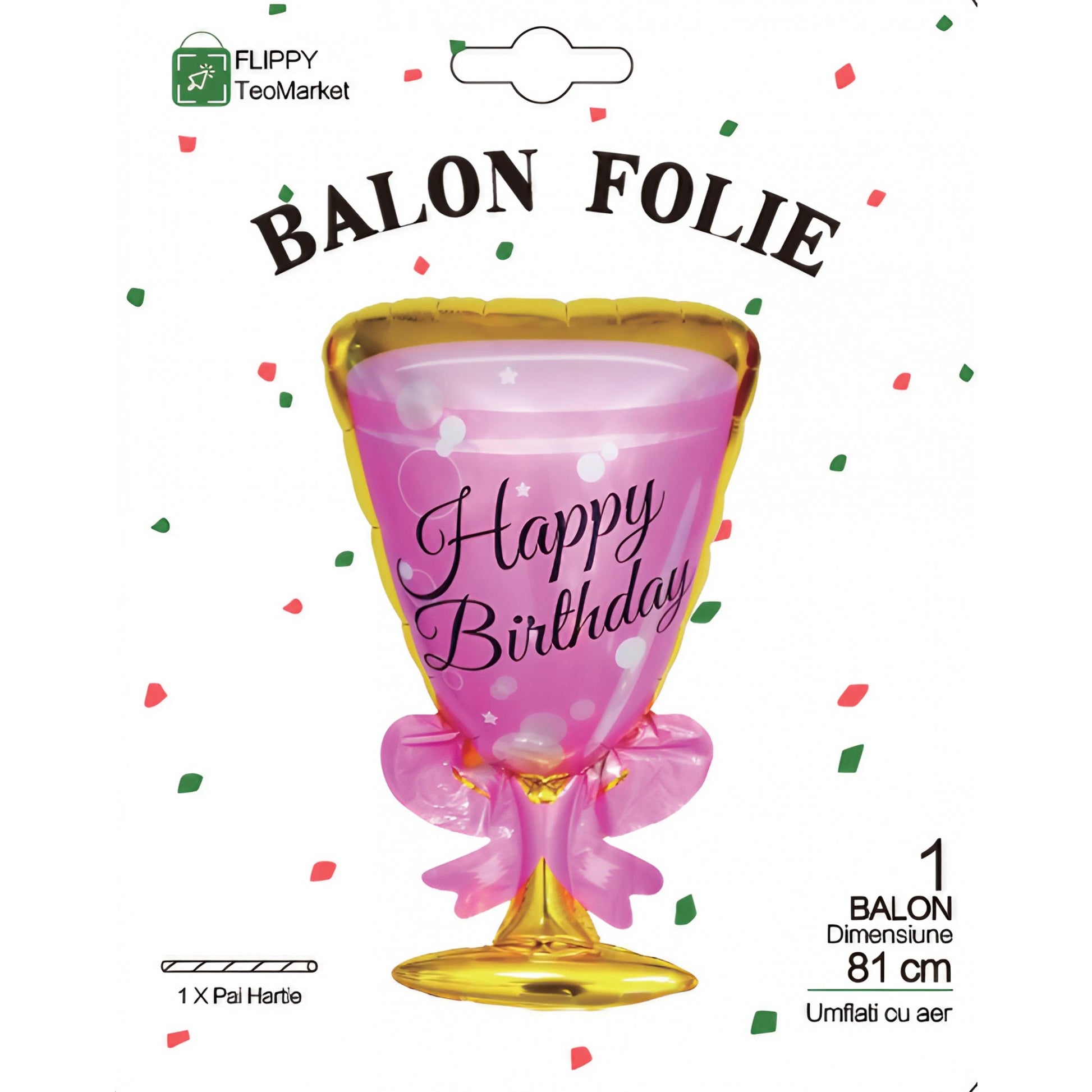 Balon din Folie Metalizata, Flippy, Figurina Pahar de Vin, Tema Aniversare, 93x48 cm, Ambalaj Individual, Pai Inclus, Umflare cu Aer sau Heliu, Roz-3