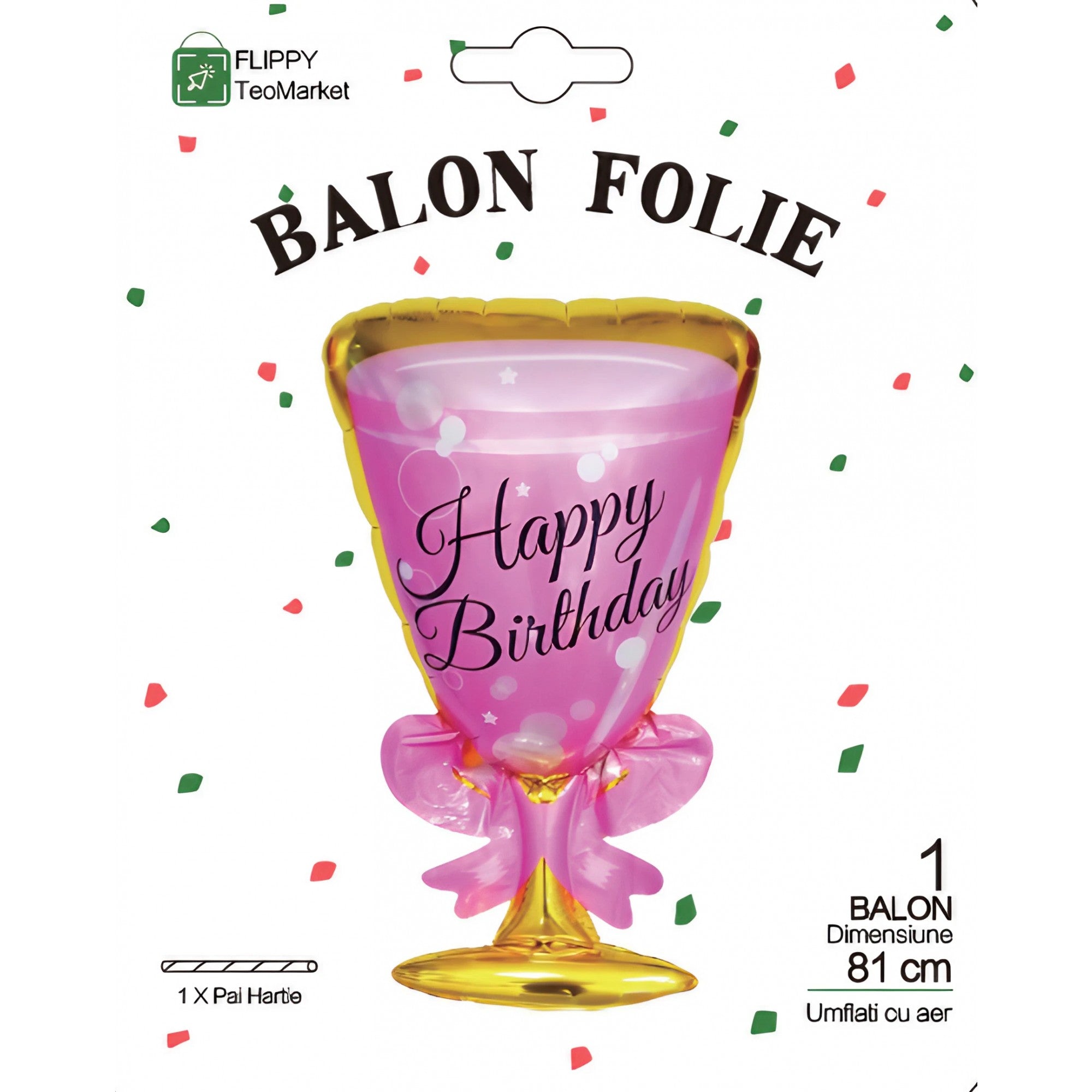 Balon din Folie Metalizata, Flippy, Figurina Pahar de Vin, Tema Aniversare, 93x48 cm, Ambalaj Individual, Pai Inclus, Umflare cu Aer sau Heliu, Roz-3