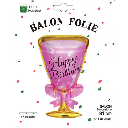 Balon din Folie Metalizata, Flippy, Figurina Pahar de Vin, Tema Aniversare, 93x48 cm, Ambalaj Individual, Pai Inclus, Umflare cu Aer sau Heliu, Roz-3