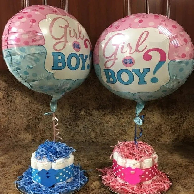 Balon din Folie Metalizata, Flippy, Figurina Rotunda, Model Girl or Boy, Tema Gender Reveal, 45 cm, Ambalaj Individual, Pai Inclus, Umflare cu Aer sau Heliu, Albastru/Roz-1