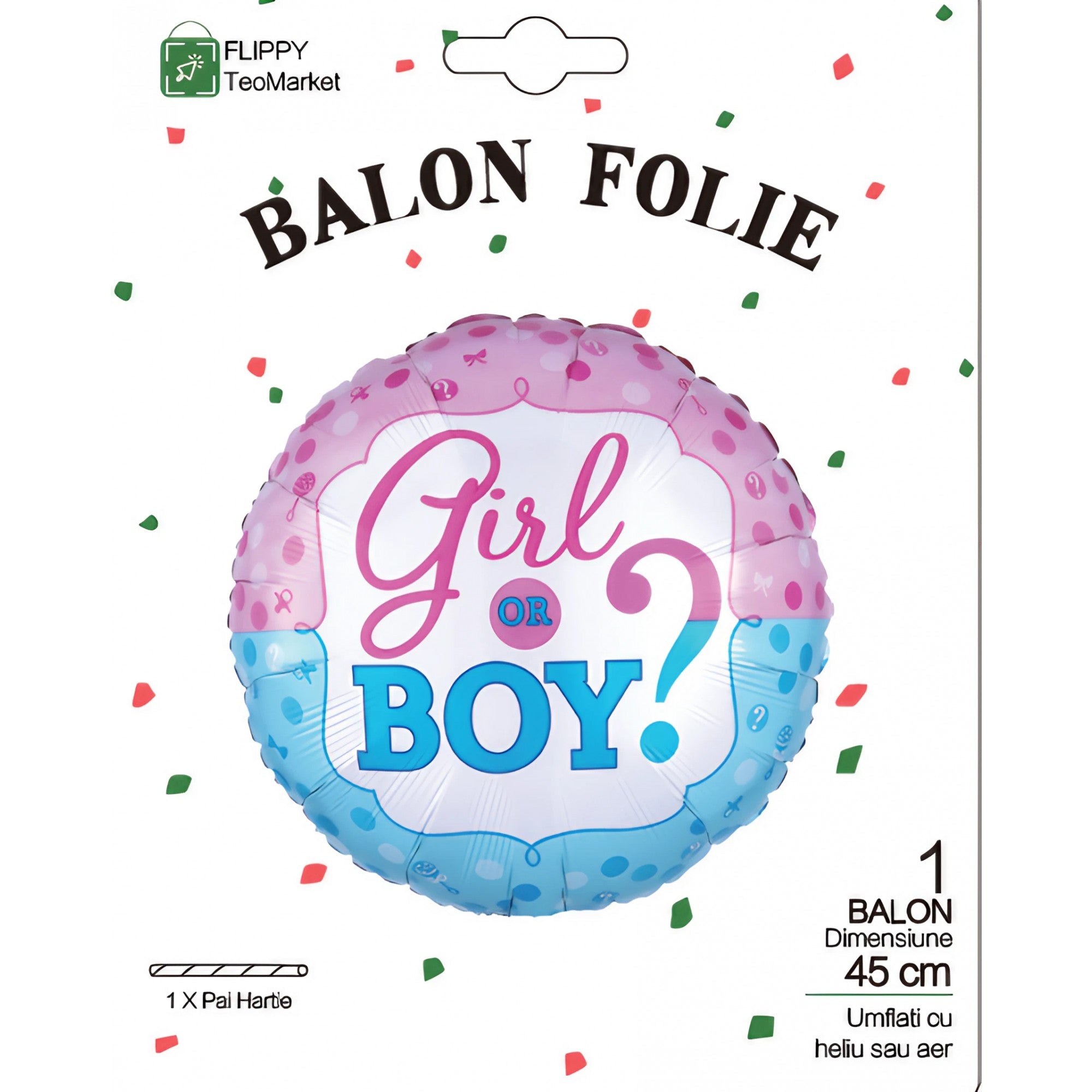 Balon din Folie Metalizata, Flippy, Figurina Rotunda, Model Girl or Boy, Tema Gender Reveal, 45 cm, Ambalaj Individual, Pai Inclus, Umflare cu Aer sau Heliu, Albastru/Roz-3
