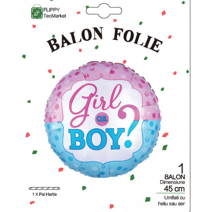 Balon din Folie Metalizata, Flippy, Figurina Rotunda, Model Girl or Boy, Tema Gender Reveal, 45 cm, Ambalaj Individual, Pai Inclus, Umflare cu Aer sau Heliu, Albastru/Roz-3