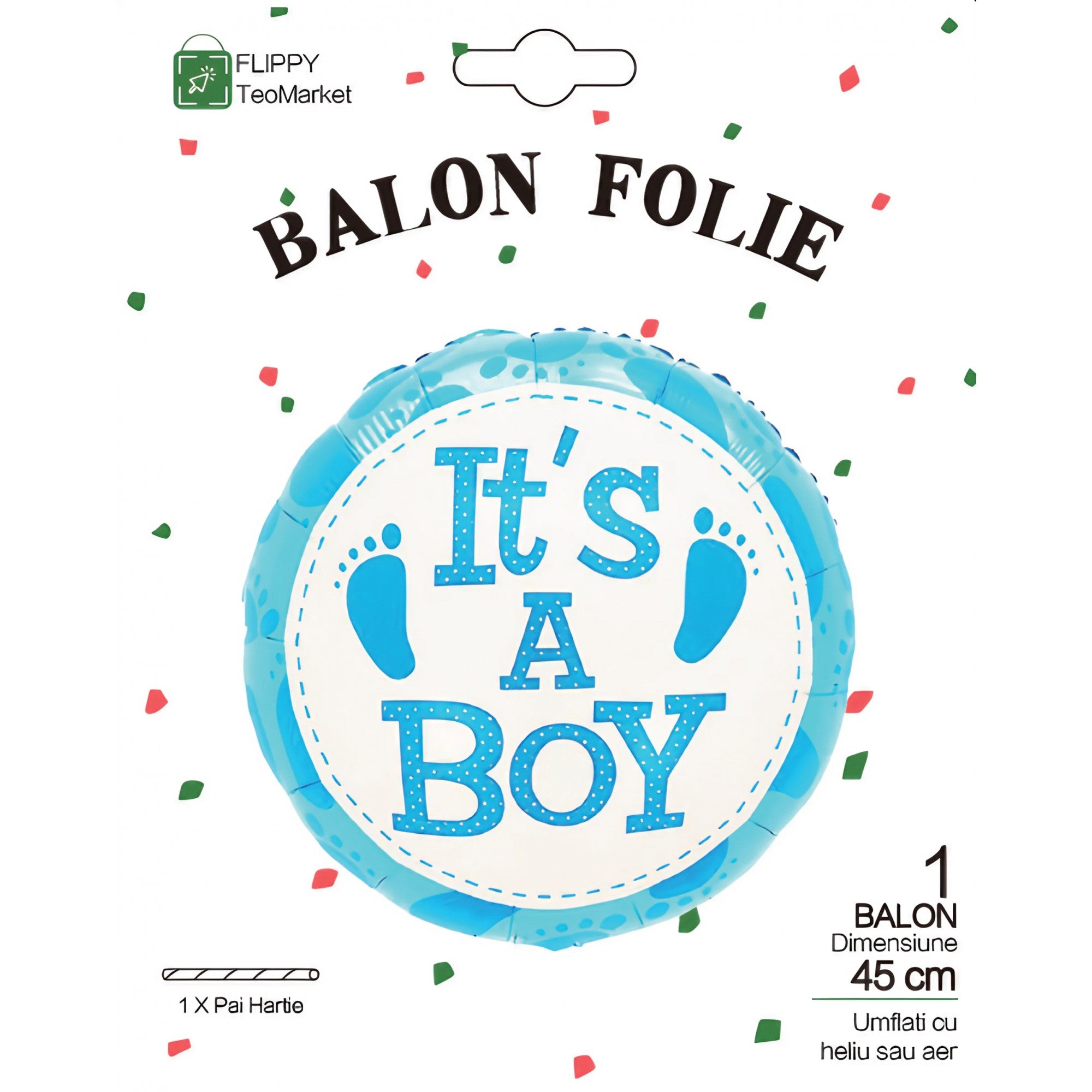 Balon din Folie Metalizata, Flippy, Figurina Rotunda, Model It's a Boy, Tema Gender Reveal, 45 cm, Ambalaj Individual, Pai Inclus, Umflare cu Aer sau Heliu, Albastru-3