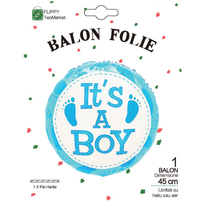 Balon din Folie Metalizata, Flippy, Figurina Rotunda, Model It's a Boy, Tema Gender Reveal, 45 cm, Ambalaj Individual, Pai Inclus, Umflare cu Aer sau Heliu, Albastru-3