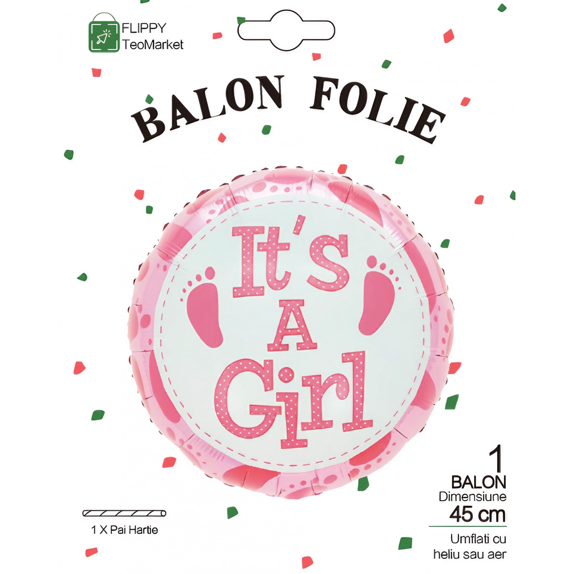 Balon din Folie Metalizata, Flippy, Figurina Rotunda, Model It's a Girl, Tema Gender Reveal, 45 cm, Ambalaj Individual, Pai Inclus, Umflare cu Aer sau Heliu, Roz-3