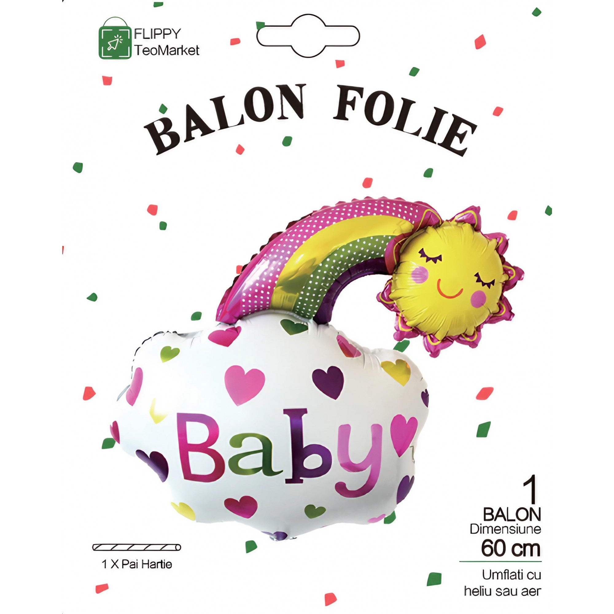 Balon din Folie Metalizata, Flippy, Figurina Soare si Nor, Tema Botez, 60x53 cm, Ambalaj Individual, Pai Inclus, Umflare cu Aer sau Heliu, Roz-6