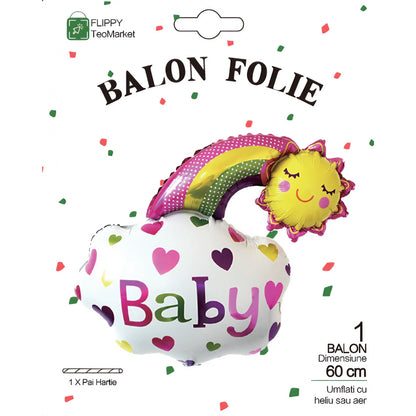 Balon din Folie Metalizata, Flippy, Figurina Soare si Nor, Tema Botez, 60x53 cm, Ambalaj Individual, Pai Inclus, Umflare cu Aer sau Heliu, Roz-6