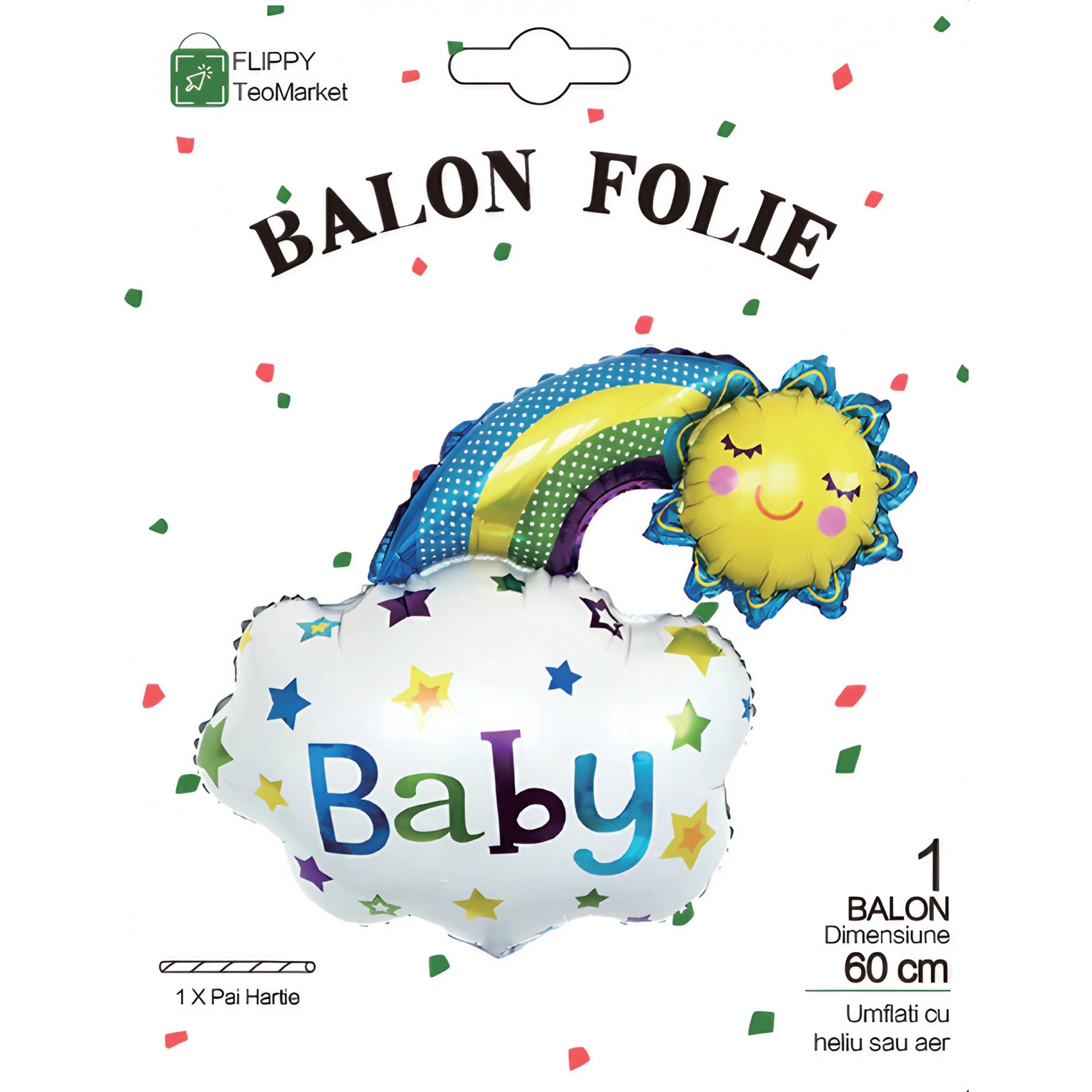 Balon din Folie Metalizata, Flippy, Figurina Soare si Nor, Tema Botez, 60x53 cm, Ambalaj Individual, Pai Inclus, Umflare cu Aer sau Heliu, Albastru-4