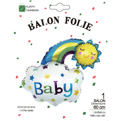 Balon din Folie Metalizata, Flippy, Figurina Soare si Nor, Tema Botez, 60x53 cm, Ambalaj Individual, Pai Inclus, Umflare cu Aer sau Heliu, Albastru-4