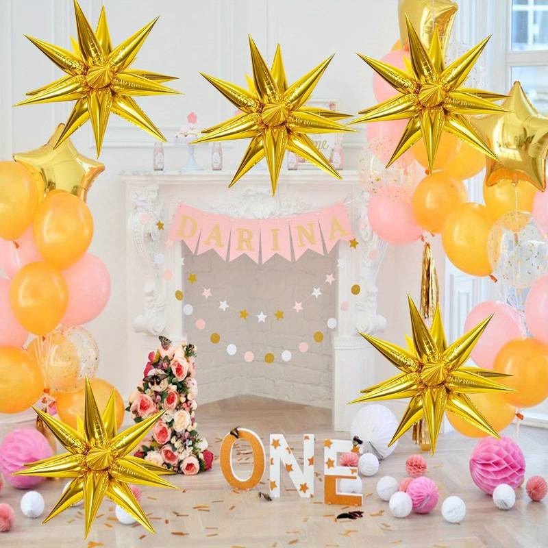 Balon din Folie Metalizata, Flippy, Figurina Stea 3D, 66 cm, Ambalaj Individual, Pai inclus, Umflare cu Aer sau Heliu, Auriu-4