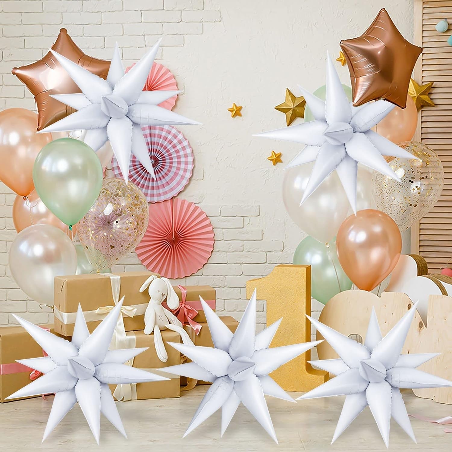 Balon din Folie Metalizata, Flippy, Figurina Stea 3D, 66 cm, Ambalaj Individual, Pai inclus, Umflare cu Aer sau Heliu, Alb-4