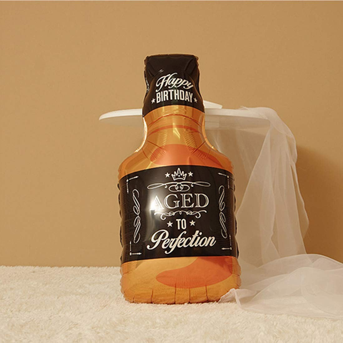 Balon din Folie Metalizata, Flippy, Figurina Sticla de Whisky, Tema Aniversare, 90x45 cm, Ambalaj Individual, Pai Inclus, Umflare cu Aer sau Heliu, Maro-1