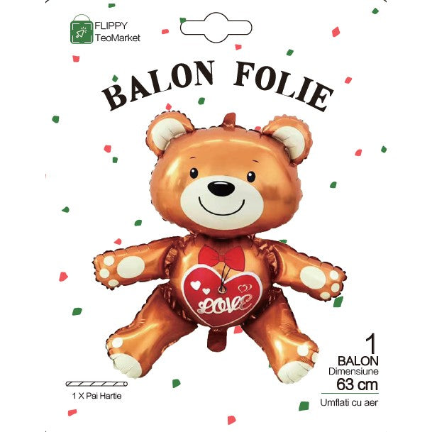 Balon din Folie Metalizata, Flippy, Figurina Urs, Model Love, Tema Ziua Indragostitilor, 60x63cm, Ambalaj Individual, Pai Inclus, Umflare cu Aer sau Heliu, Maro-7