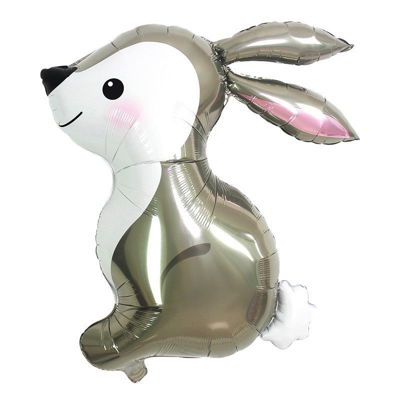 Balon din Folie Metalizata, Flippy, Ambalaj Individual, Pai Inclus, Model Iepure, 56x73 cm, Gri-0