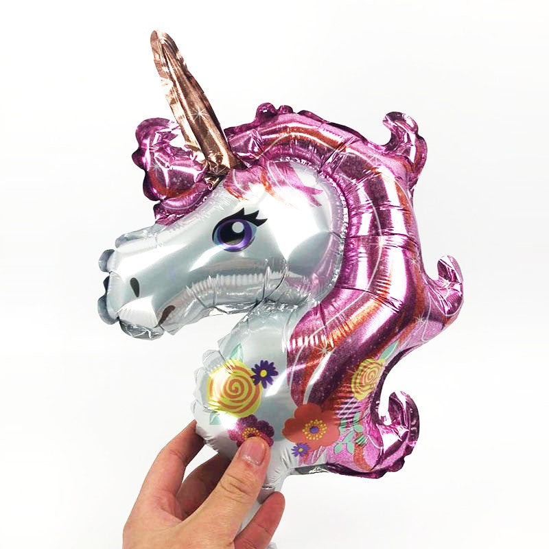 Balon din Folie Metalizata, Flippy, Figurine Animăluțe, Model Unicorn, 30 cm, Ambalaj Individual, Pai Inclus, Roz-1